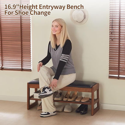 Shoe Rack Bench with Storage-Wood Shoe Bench for Entryway 40" 2 Tier Shoe Organizer with Cushion, PU Solid Wood LEDs Flip Top Entryway Shoe Organizer Space Saving Hallway
