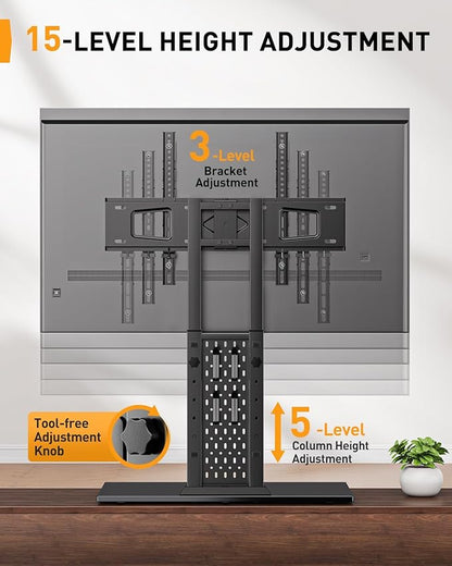 Perlegear Universal Swivel TV Stand with Pegboard Storage, Height Adjustable Table top TV Stand Mount for 42-90 Inch TVs, up to 150 lbs with Large Glass Base for Stability, Max VESA 600x400mm PGTVS36
