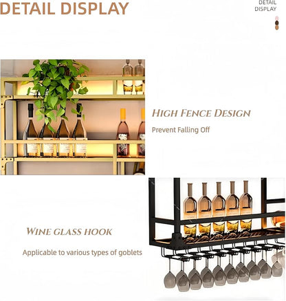 Metal Wall-Mounted Wine Rack with LED Light - 3 Tier Wine Storage Display Rack with Glass Holder - Space-Saving Bottle Display Shelf for Home Bars, Dining Rooms(Black, 71in/180cm)