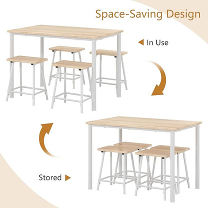 VECELO Kitchen Table and Chairs for 4, Dining Room Set with Chairs/Stools, Heavy-Duty Metal Frame with Wooden Tabletop for Small Spaces, Easy Assembly, Natural Oak