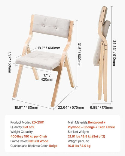 VEVOR Wooden Folding Chairs with Cushion, Set of 2, Portable Foldable Cushion Chair with Wooden Frame, Modern Padded Dining Chair for Kitchen, Office, Wedding, Party, Dining Room, Easy Assembly, Beige