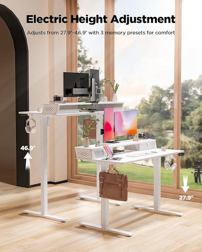 48x24 Inch Standing Desk with Double Drawers, C-Clamp Mount Compatible, Electric Adjustable Height Computer Stand Up Desks, Home Office Sit Stand Table with 3 Preset Heights & 2 Hooks, White