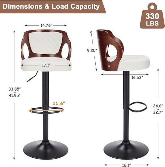 VECELO Bar Stool Set of 4, Kitchen Island Stools with Bentwood Back,Arm&Footrest,Island Chairs Adjustable Height PU Leather Cushion Seat,360°Swivel Stools for Kitchen Counter,Club Pub,Pearl White