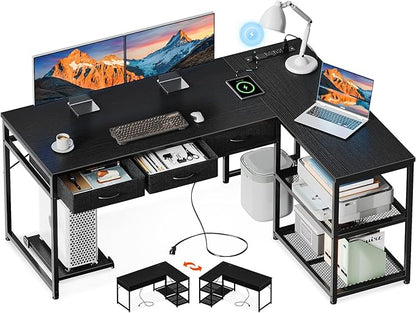 AODK 53 Inch L Shaped Computer Desk with Drawers, Corner Desk with Power Outlets & Reversible Storage Shelves, Movable CPU Stand for Home Office Gaming, Black