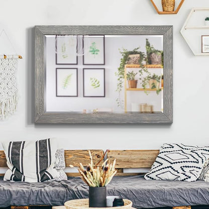 Gray Rustic Mirror Rectangular Barnwood Framed Wall Mirror for Home Decor, Vertical or Horizontal Hanging, 41x29