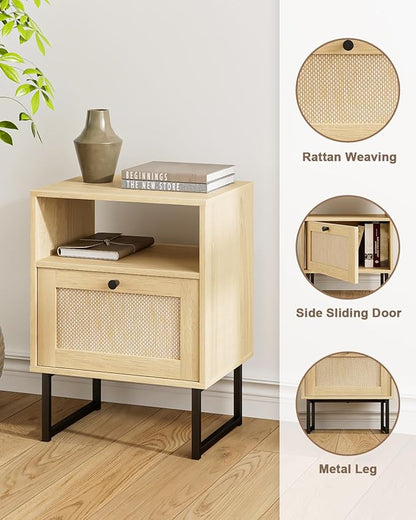 Rattan Nightstand, Boho Night Stand Farmhouse Wood Bedside Table with Storage and Open Shelf, End Side Accent Table for Bedroom,Living Room,Oak