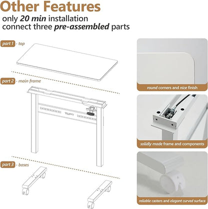Non-Electric Auto-Lifting Standing Desk, No Knobs or Crank, Cordless, Rolling and Mobile, Great for Walking Pad, Adjustable Height 28.1'' to 43.3'', Desktop Size 31.5'' by 15.7'', Color White