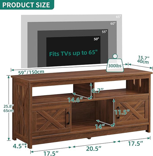 YITAHOME TV Stand for 65/55 Inch TV, Farmhouse Entertainment Center with Storage, Power Outlets and Open Shelf, Media Console TV Cabinet for Living Room, Walnut