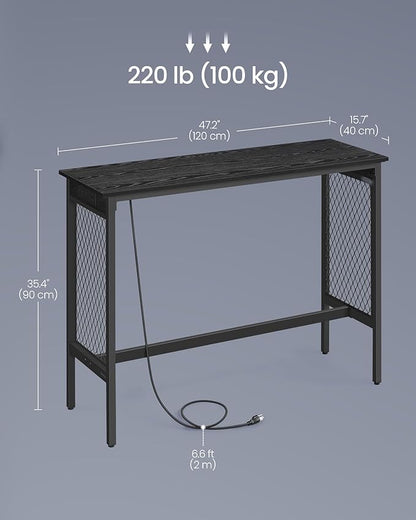 VASAGLE Bar Table with Power Outlets, 47.2 Inches LED Lights Narrow Tall Pub Table, Counter Height Console Desk, Mesh Panels and Metal Frame, for Kitchen, Entryway, Ebony Black and Matte Black