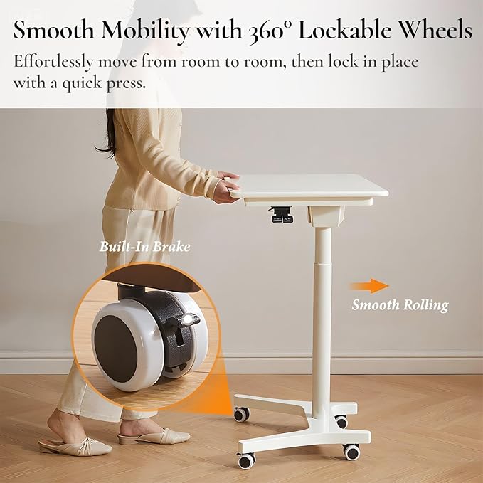 Adjustable Computer Desk, Solid Wood Folding Desk with Wheels, Mobile Home Office Laptop Table, Sit Stand Workstation, Rolling Desk, 28.35-42.52 H x 31.5 W x 19.69 D Inches,White