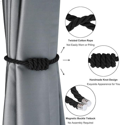 BEL AVENIR Magnetic Cotton Curtain Tiebacks, Decorative Drapery Holdbacks Modern Woven Tie-Backs with Exquisite Knot (Black Cotton, 6 Pack)