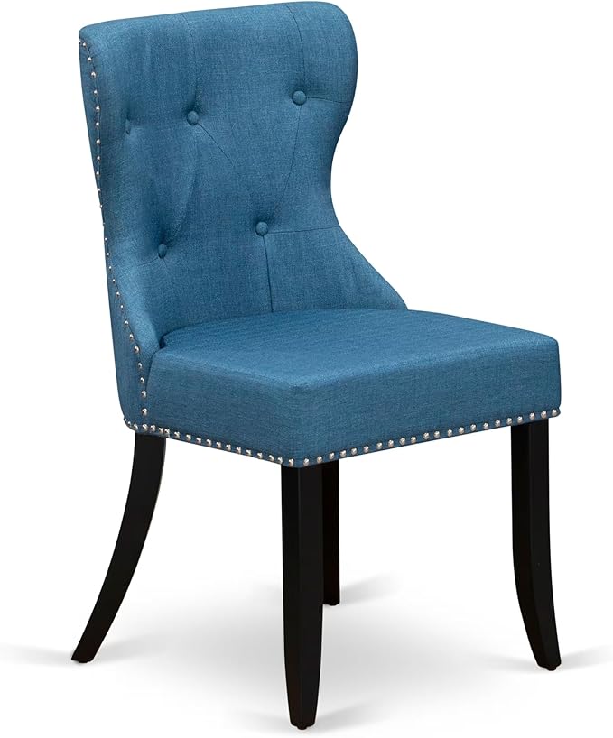 LKSI7-SBB-21-7-Piece Modern Dining Set Consists of a Mid Century Table and 6 Blue Linen Fabric Parson Chairs with Button Tufted Back - Sand Blasting Black Finish