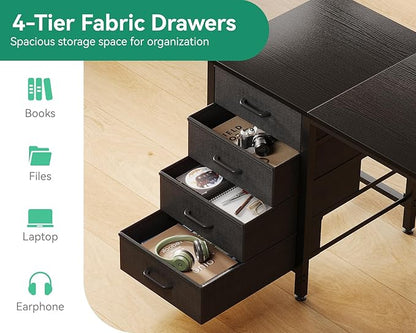 Casaottima 40-Inch Small Computer Desk with 4 Fabric Drawers — Home Office Desks with Storage, Writing Desk with Side Hook and Cloth Bag, Modern Study/Work Table for Bedroom and Small Space, Black