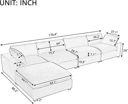 176.4 Inch L Shaped Modular Sectional Sofa with Removable Ottoman, 5-Seater Oversized Deep Seat Corner Couch for Living Room, Apartment, Office, Spacious Space, Grey