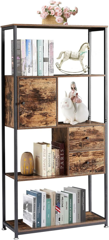 VECELO 5-Tier Bookshelf,Bookcase with 2 Storage Drawers and 1 Cabinet, Wood Shelves with Metal Frame,Open Book Shelves Standing Shelf Unit for Living Room, Bedroom,Office,Kichen