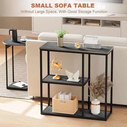 WOHOMO Console Table, 12 Inch Narrow Entryway Table with 3-Tier Storage Shelves 31.5 Inch Industrial Sofa Table Small Hallway Table for Living Room Grey