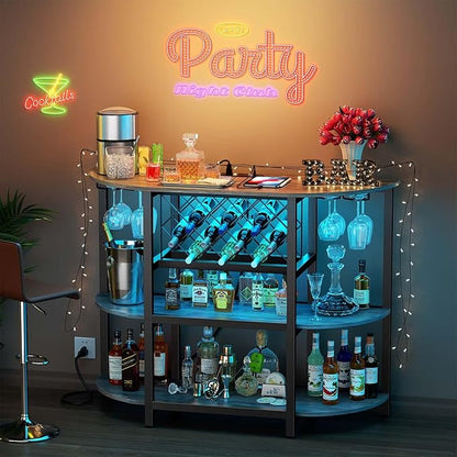 Zarler Bar Cart with Power Outlet Easy to Assemble, LED Home Bar Cabinet for Liquor, 47.3" L x 15.8" D x 36" H Metal Mini Bar Table with 4-Tier Storage, Light Grey