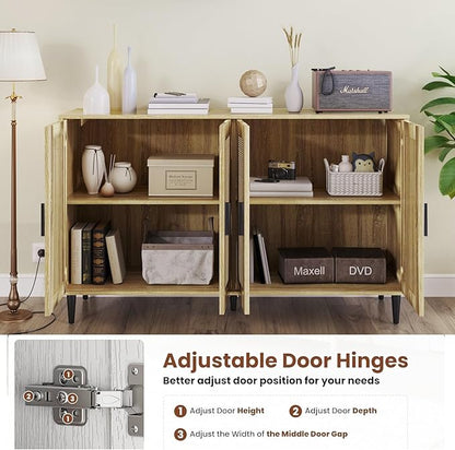 Buffet Sideboard,Kitchen Storage Cabinet with 4 Rattan Decorated Doors,Coffee Bar Cabinet with Adjustable Shelves for Living Room,Hallway,Natural