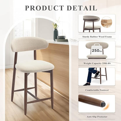 COLAMY Counter Height Bar Stools Set of 4, Kitchen Bar Stools with Back, Mid Century Modern Upholstered, with Wood Legs for Kitchen Island Dining Room, Beige