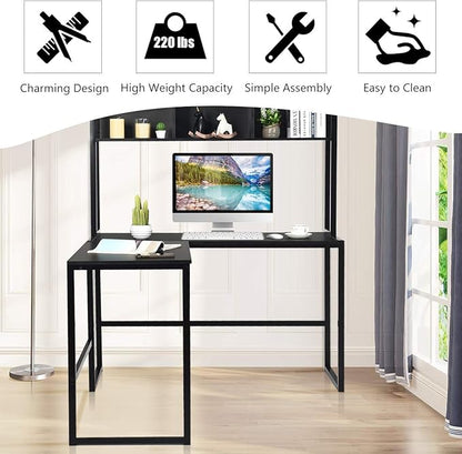 Tangkula Reversible L-Shaped Desk with Hutch, Space Saving Corner Computer Desk with Storage Shelves, Home Office Study Writing Desk Computer Workstation with Storage Bookshelf, Gaming Desk