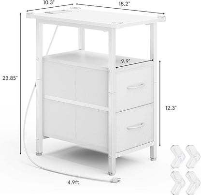 Vagusicc White End Table with Charging Station, Narrow Side Table, 23.8'' Tall Nightstand with 2 Fabric Drawers, Small Sofa Side Table Narrow Nightstand for Small Spaces, Living Room, Bedroom, White