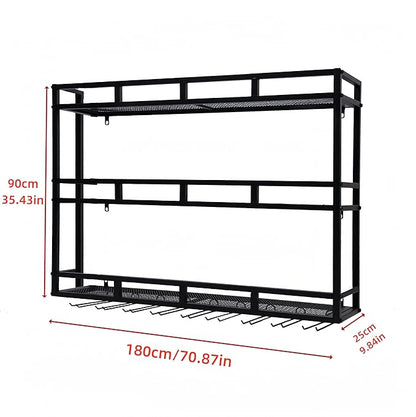 Metal Wine Rack Wall Mounted, Bar Shelves for Liquor Bottles with LED Light, 3 Tier Large Capacity Liquor Rack Wall Mounted with Glass Holder for Home Bar & Dining Room （Black, 71in/180cm）