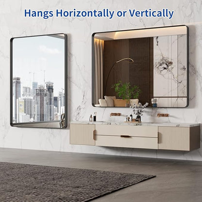 WEER Black Bathroom Mirror 48X36 Inch, Matte Black Bathroom Vanity Mirror Farmhouse, Large Rounded Rectangle Black Metal Framed, Anti-Rust, Tempered Glass, Hangs Horizontally or Vertically