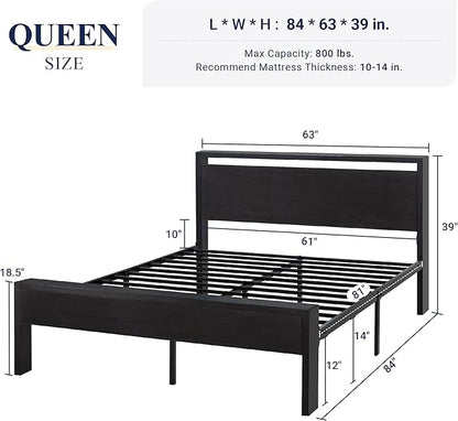 Allewie Queen Size Platform Bed Frame with Wooden Headboard and Footboard, Heavy Duty 12 Metal Slats Support, No Box Spring Needed, Under-Bed Storage, Noise Free, Easy Assembly, Black Oak