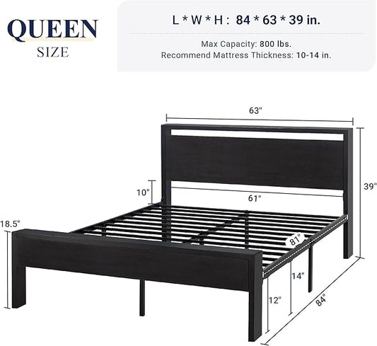 Allewie Queen Size Platform Bed Frame with Wooden Headboard and Footboard, Heavy Duty 12 Metal Slats Support, No Box Spring Needed, Under-Bed Storage, Noise Free, Easy Assembly, Black Oak