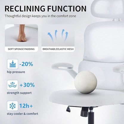Ergonomic Mesh Office Chair, 400 lbs Capacity, High Back Desk Chair with Adjustable Lumbar Support, 3D Headrest, Flip-Up Armrests, and PU Wheels for Long Workdays and Home Office (White)