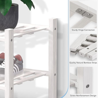 Haddockway Long 2 Tier Bamboo Shoe Rack Storage Organizer, Multifunctional Free Standing Stackable Shoe Shelf with Grid Panel for Closet,Hallway,Entryway,Small Space 34.2"x11"x13"(White, 2-Tier(Long))