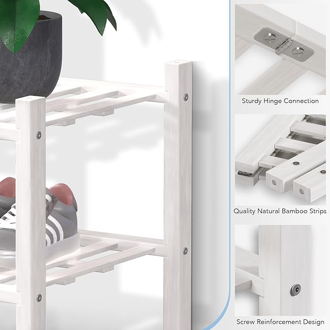 Haddockway Large 3 Tier Bamboo Shoe Rack Storage Organizer, Multifunctional Free Standing Stackable Shoe Shelf with Grid Panel for Closet,Hallway,Entryway,Small Space 27"x12"x21"(White, 3-Tier(Large))