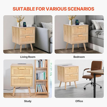 VEVOR Rattan Nightstand, Boho Bedside Table with 2 Drawers, End Table Nightstand with Solid Wood Legs, Rattan Bedside Table with Charging Station, for Bedroom