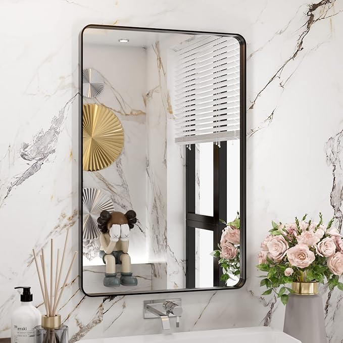 WEER Black Bathroom Mirror 20X30 Inch, Rectangular Matte Black Metal Framed Vanity Mirror, Farmhouse Bathroom Mirror with Tempered Glass, Rounded Corner, Anti-Rust (Horizontal/Vertical)