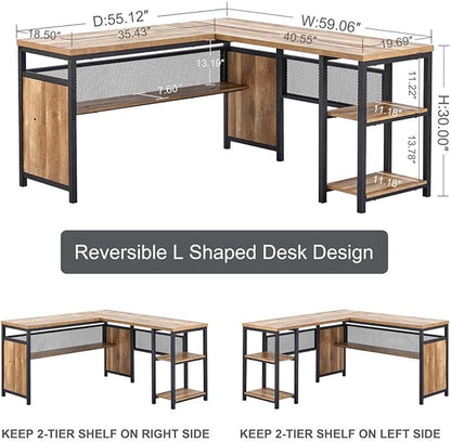 FATORRI L Shaped Computer Desk with Wood Shelves, Industrial Rustic Home Office Corner Desk with Metal Legs (Rustic Oak, 59 Inch)