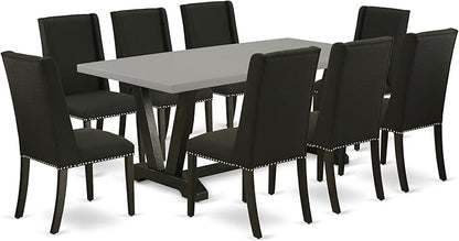 East West Furniture V697FL624-9 9 Piece Kitchen Table Set Includes a Rectangle Dining Table with V-Legs and 8 Black Linen Fabric Parson Dining Room Chairs, 40x72 Inch, Multi-Color