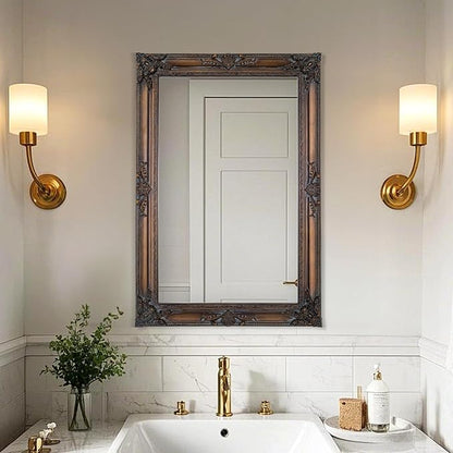 Antique Decorative Mirror, 37.4''x25.6''Vintage Mirror with Ornate Bronze Wood Frame, Decorative Wall Mirrors for Entryway, Living Room, Bathroom