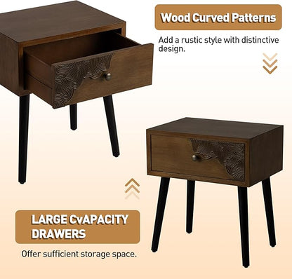 COSIEST Nightstand Set of 2, Mid Century Modern End Table with Storage Drawer, Accent Side Table, Vintage Wood Luxury Night Stand Small Wood End Table for Bedroom, Living Room, Walnut