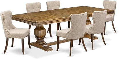 NKSI7-AWA-04 7-Piece Modern Dining Table Set Includes a Kitchen Table and 6 Light Tan Linen Fabric Dining Room Chairs with Button Tufted Back - Antique Walnut Finish