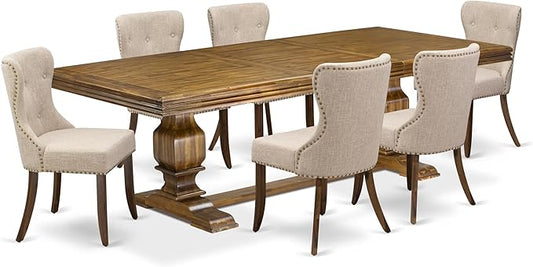 NKSI7-AWA-04 7-Piece Modern Dining Table Set Includes a Kitchen Table and 6 Light Tan Linen Fabric Dining Room Chairs with Button Tufted Back - Antique Walnut Finish