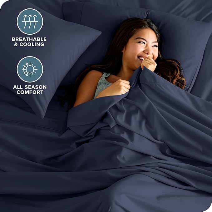Bare Home Full XL Sheet Set - Luxury 1800 Ultra-Soft Microfiber Full Extra Long Bed Sheets - Double Brushed - Deep Pockets - Easy Fit - 4 Piece Set - Bed Sheets & Pillowcases (Full XL, Midnight Blue)