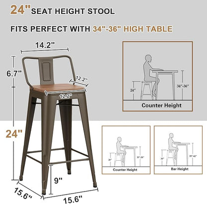 24 Inch Swivel Bar Stools Set of 4 with Backs Counter Height Industrial Metal Barstools Island Bar Chairs for Home Kitchen Dining Room (Swivel 24 inch,Rusty Wooden)