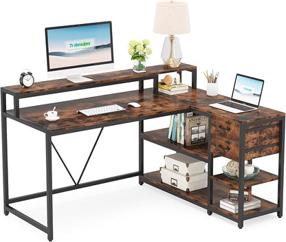 Tribesigns Reversible L Shaped Desk with Drawer, Brown Corner Desk with Storage Shelves and Monitor Stand, Writing Table for for Small Space (Rustic)
