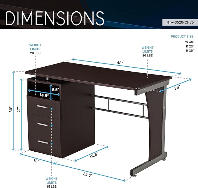 48" Computer Desk with Drawers, Home Office Desk with Storage, Heavy Duty and Water Resistant Study Table, Chocolate Brown