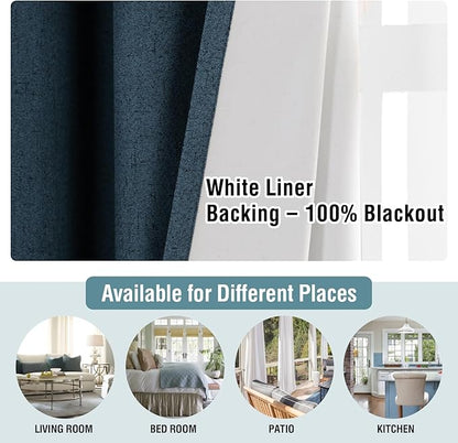 H.VERSAILTEX Linen Blackout Curtains 45 Inches Long 100% Absolutely Blackout Thermal Insulated Textured Linen Look Curtain Draperies Anti-Rust Grommet, Energy Saving with White Liner, 2 Panels, Navy