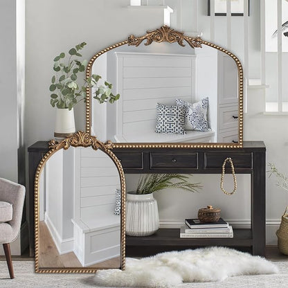 ironsmithn Gold Arched Mirror, 20"x32" Ornate Beaded Frame Mirror, Metal Decorative Accent Mirrors for Fireplace Bedroom Bathroom Living Room Entryway