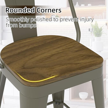 Metal Bar Stools Set of 4, High Back Bar Stools with Wooden Seat, 24 inch Rusty Barstools for Kitchen Island