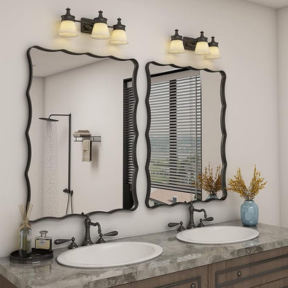 24x32 Black Bathroom Mirror for Wall, Rectangle Framed Mirror for Bathroom, Decorative Wall Mirror with Wavy Frame, Anti-Rust(Horizontal/Vertical)