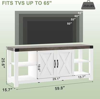 TV Stand for 65 Inch TV, 60 Inch Entertainment Center with Storage, Farmhouse TV Console Table with Shelves, Wooden Media Console Cabinet with Doors, Modern TV Stand for Living Room, Bedroom - White