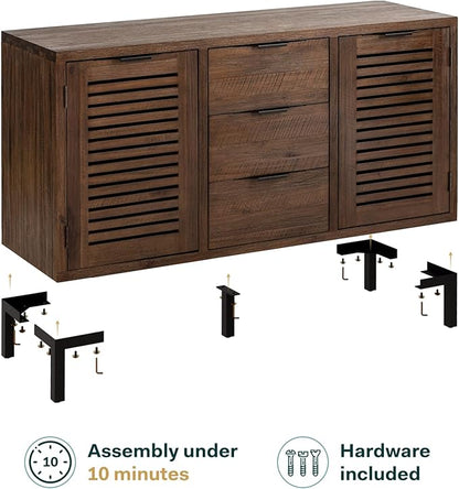 Bme Millie Premium Solid Wood Sideboard Storage Cabinet with Storage, Pre-Assembled with 3 Drawers & 2 Doors, Adjustable Shelves